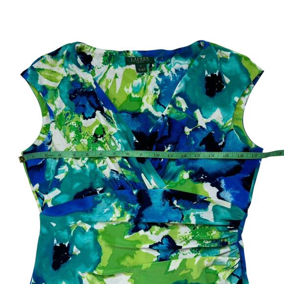 RALPH LAUREN LRL Watercolor Jersey Knit V-neck Dress Size 8 Blue Green Bodycon - Picture 8 of 10